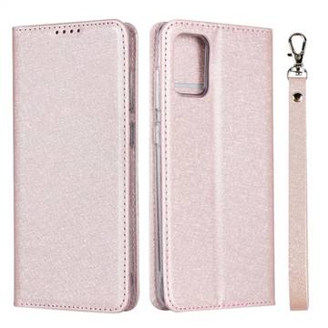 Ultra Slim Magnetic Automatic Suction Silk Lanyard Leather Flip Cover for Samsung Galaxy A51 4G - Rose Gold