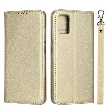 Ultra Slim Magnetic Automatic Suction Silk Lanyard Leather Flip Cover for Samsung Galaxy A51 4G - Golden