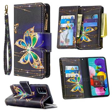 Golden Shining Butterfly Binfen Color BF03 Retro Zipper Leather Wallet Phone Case for Samsung Galaxy A51 4G