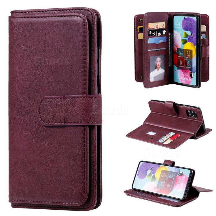 Multi-function Ten Card Slots and Photo Frame PU Leather Wallet Phone Case Cover for Samsung Galaxy A51 4G - Claret