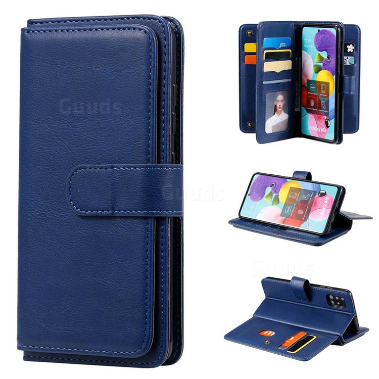 Multi-function Ten Card Slots and Photo Frame PU Leather Wallet Phone Case Cover for Samsung Galaxy A51 4G - Dark Blue