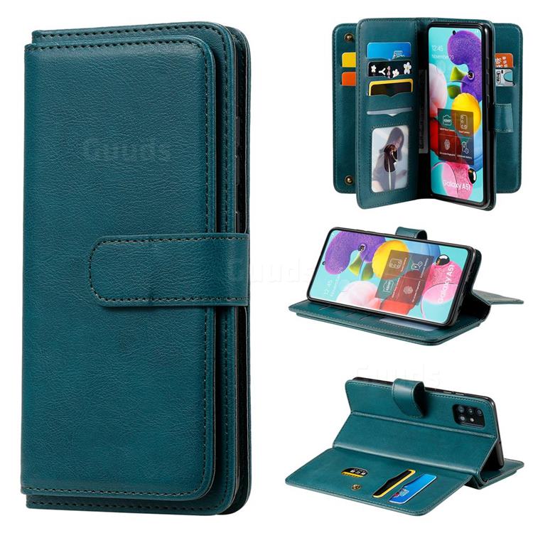 Multi-function Ten Card Slots and Photo Frame PU Leather Wallet Phone Case Cover for Samsung Galaxy A51 4G - Dark Green