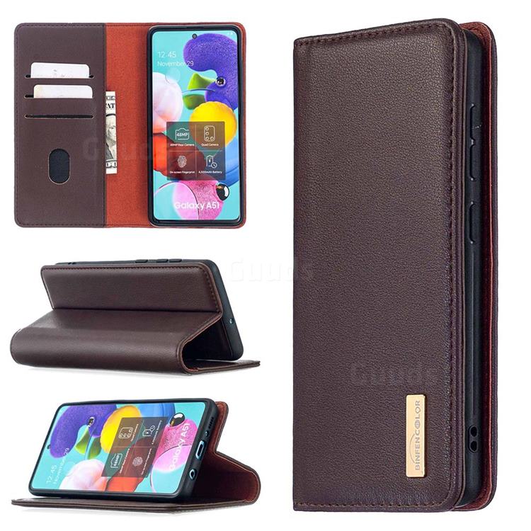 Binfen Color BF06 Luxury Classic Genuine Leather Detachable Magnet Holster Cover for Samsung Galaxy A51 4G - Dark Brown