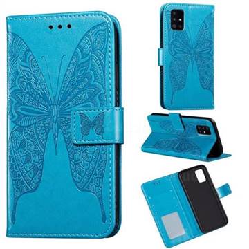 Intricate Embossing Vivid Butterfly Leather Wallet Case for Samsung Galaxy A51 4G - Blue