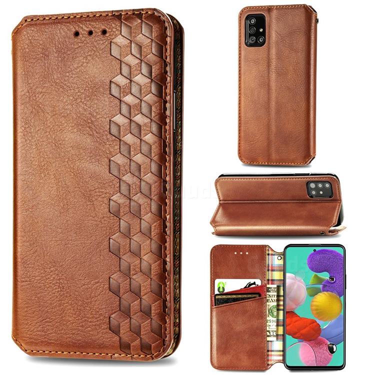 Ultra Slim Fashion Business Card Magnetic Automatic Suction Leather Flip Cover for Samsung Galaxy A51 4G - Brown