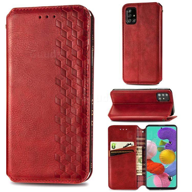Ultra Slim Fashion Business Card Magnetic Automatic Suction Leather Flip Cover for Samsung Galaxy A51 4G - Red