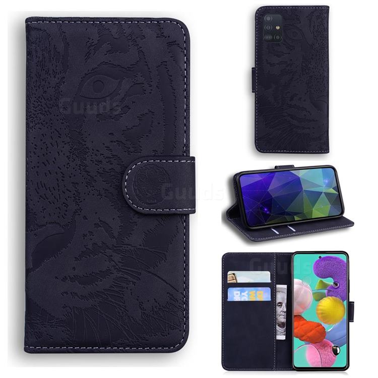 Intricate Embossing Tiger Face Leather Wallet Case for Samsung Galaxy A51 4G - Black
