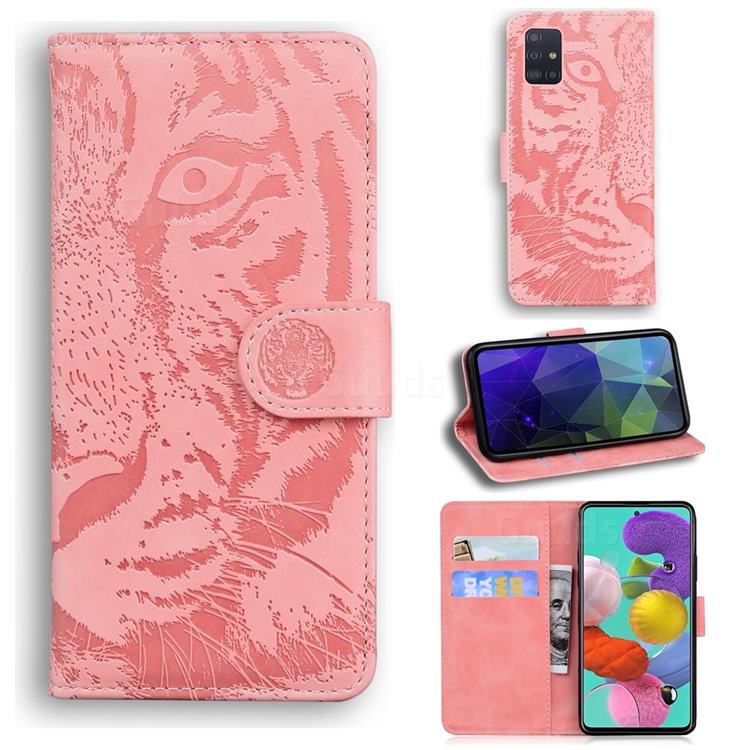 Intricate Embossing Tiger Face Leather Wallet Case for Samsung Galaxy A51 4G - Pink