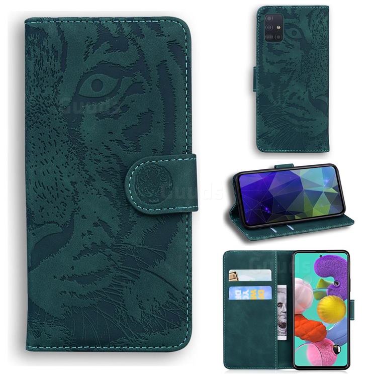 Intricate Embossing Tiger Face Leather Wallet Case for Samsung Galaxy A51 4G - Green