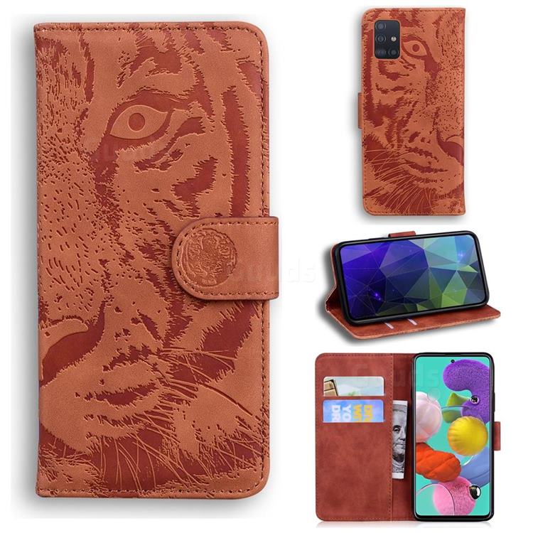Intricate Embossing Tiger Face Leather Wallet Case for Samsung Galaxy A51 4G - Brown