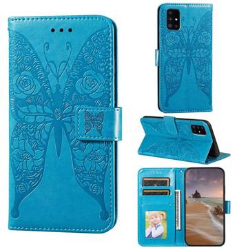Intricate Embossing Rose Flower Butterfly Leather Wallet Case for Samsung Galaxy A51 4G - Blue