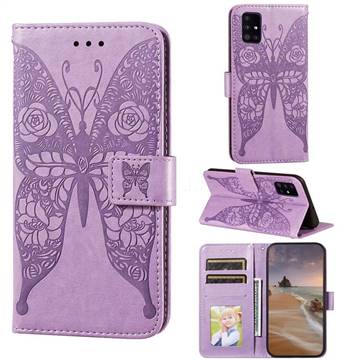 Intricate Embossing Rose Flower Butterfly Leather Wallet Case for Samsung Galaxy A51 4G - Purple