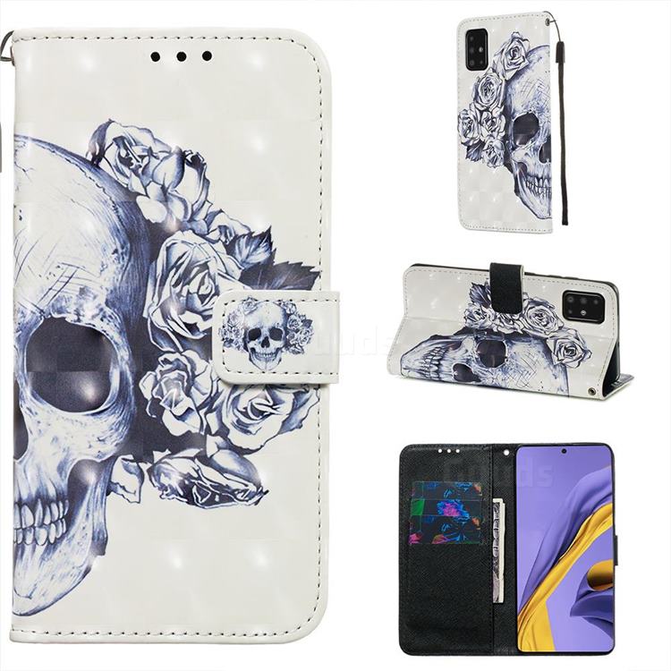 Skull Flower 3D Painted Leather Wallet Case for Samsung Galaxy A51 4G