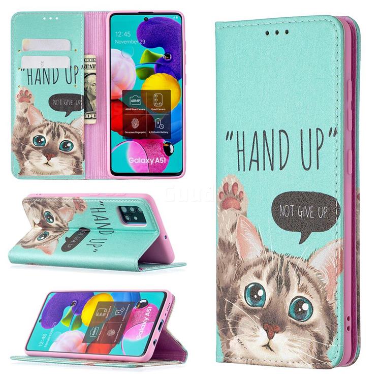 Hand Up Cat Slim Magnetic Attraction Wallet Flip Cover for Samsung Galaxy A51 4G