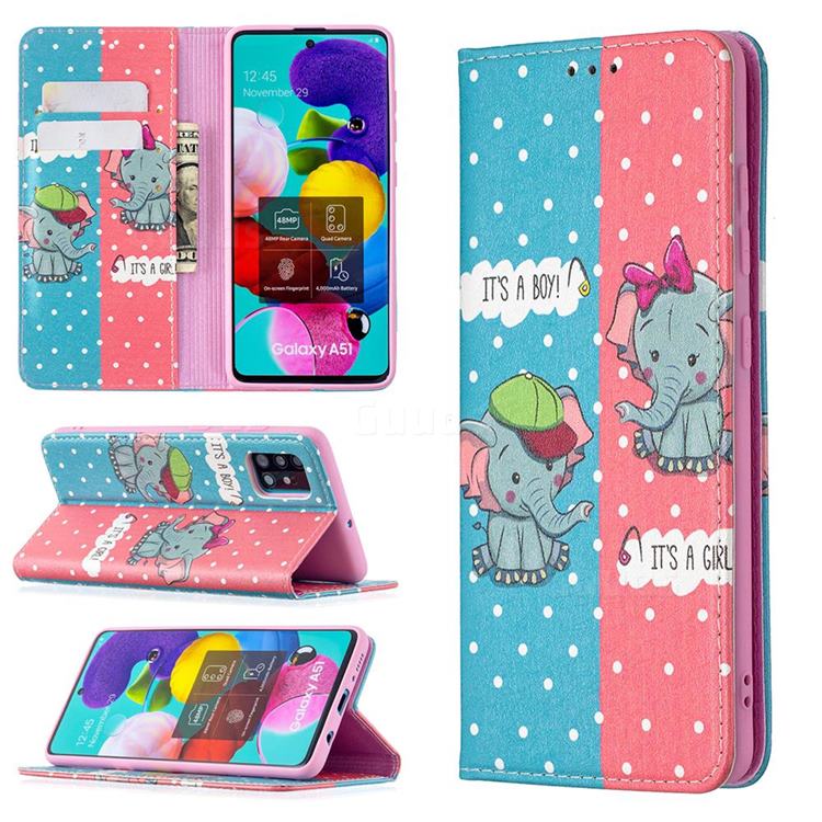 Elephant Boy and Girl Slim Magnetic Attraction Wallet Flip Cover for Samsung Galaxy A51 4G