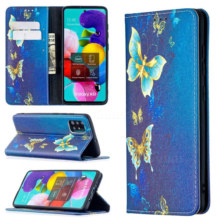 Gold Butterfly Slim Magnetic Attraction Wallet Flip Cover for Samsung Galaxy A51 4G