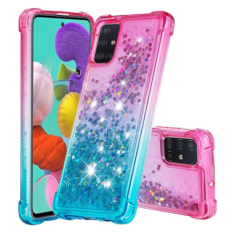 Rainbow Gradient Liquid Glitter Quicksand Sequins Phone Case for Samsung Galaxy A51 4G - Pink Blue