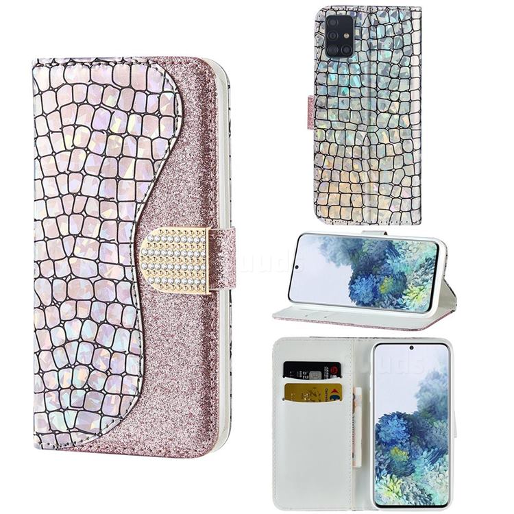 Glitter Diamond Buckle Laser Stitching Leather Wallet Phone Case for Samsung Galaxy A51 4G - Pink