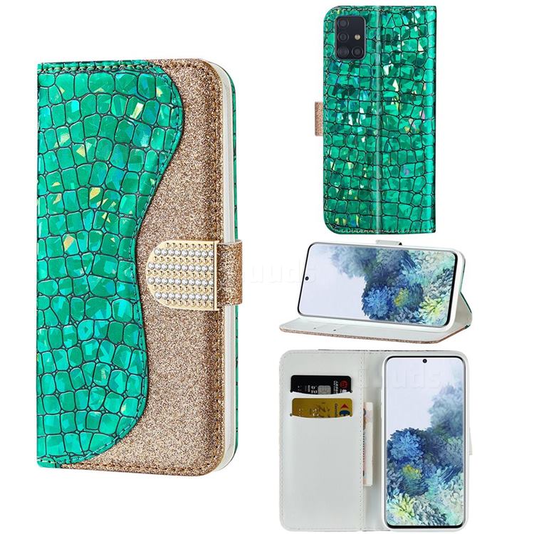 Glitter Diamond Buckle Laser Stitching Leather Wallet Phone Case for Samsung Galaxy A51 4G - Green