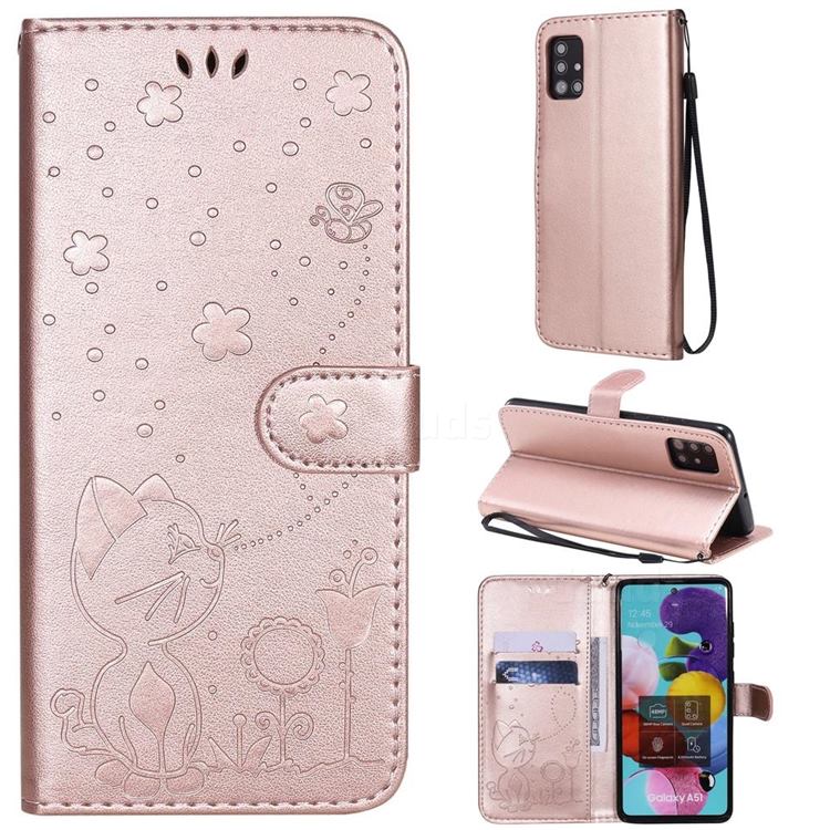 Embossing Bee and Cat Leather Wallet Case for Samsung Galaxy A51 4G - Rose Gold