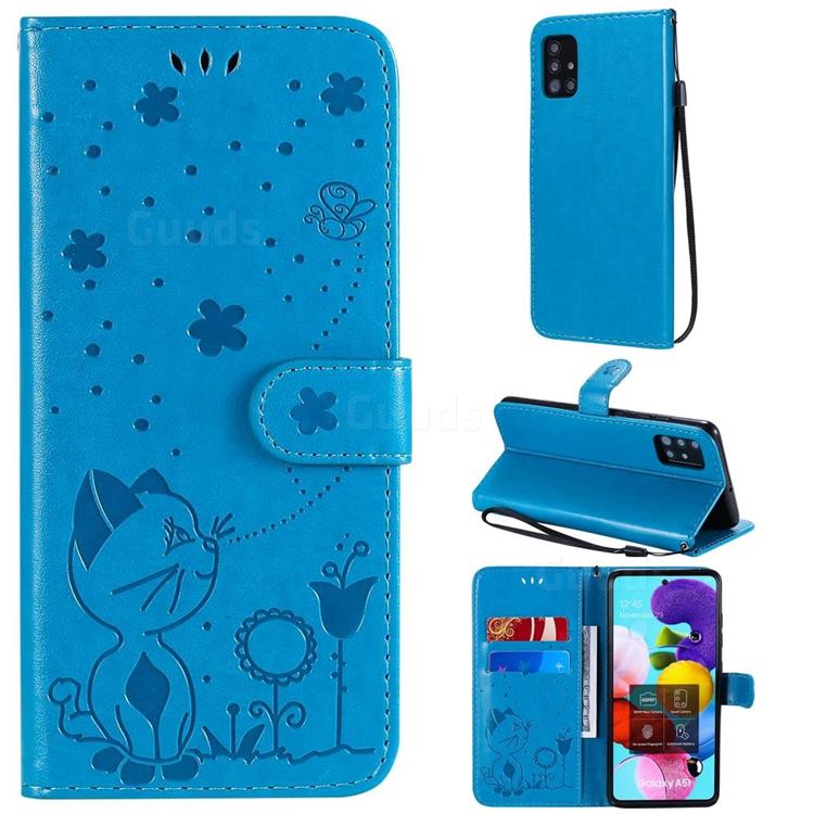 Embossing Bee and Cat Leather Wallet Case for Samsung Galaxy A51 4G - Blue