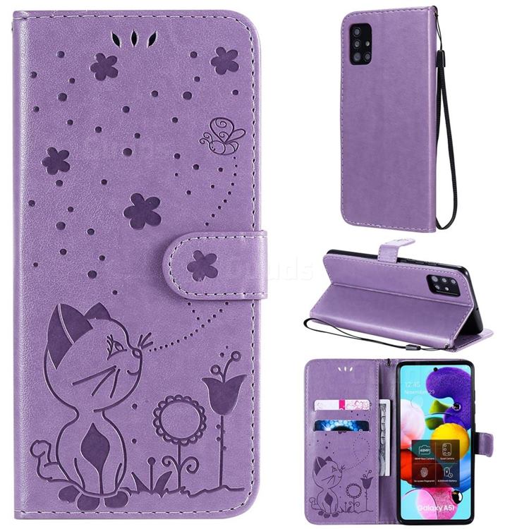 Embossing Bee and Cat Leather Wallet Case for Samsung Galaxy A51 4G - Purple