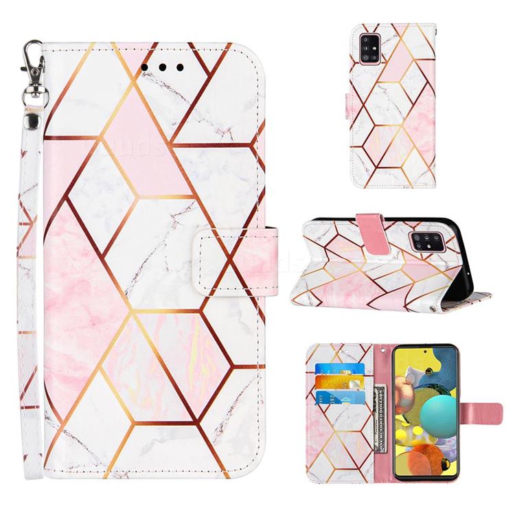 Pink White Stitching Color Marble Leather Wallet Case for Samsung Galaxy A51 4G