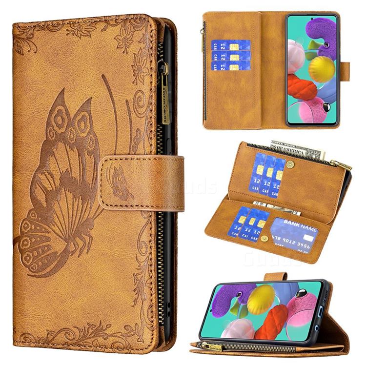 Binfen Color Imprint Vivid Butterfly Buckle Zipper Multi-function Leather Phone Wallet for Samsung Galaxy A51 4G - Brown