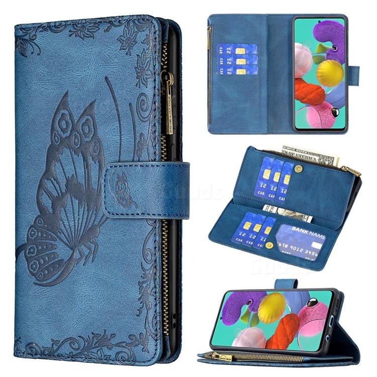 Binfen Color Imprint Vivid Butterfly Buckle Zipper Multi-function Leather Phone Wallet for Samsung Galaxy A51 4G - Blue