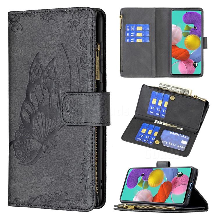 Binfen Color Imprint Vivid Butterfly Buckle Zipper Multi-function Leather Phone Wallet for Samsung Galaxy A51 4G - Black