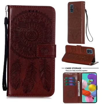 Embossing Dream Catcher Mandala Flower Leather Wallet Case for Samsung Galaxy A51 4G - Brown