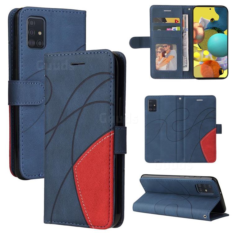 Luxury Two-color Stitching Leather Wallet Case Cover for Samsung Galaxy A51 4G - Blue