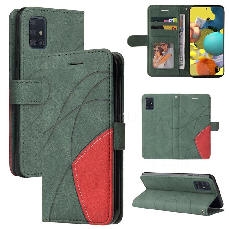 Luxury Two-color Stitching Leather Wallet Case Cover for Samsung Galaxy A51 4G - Green