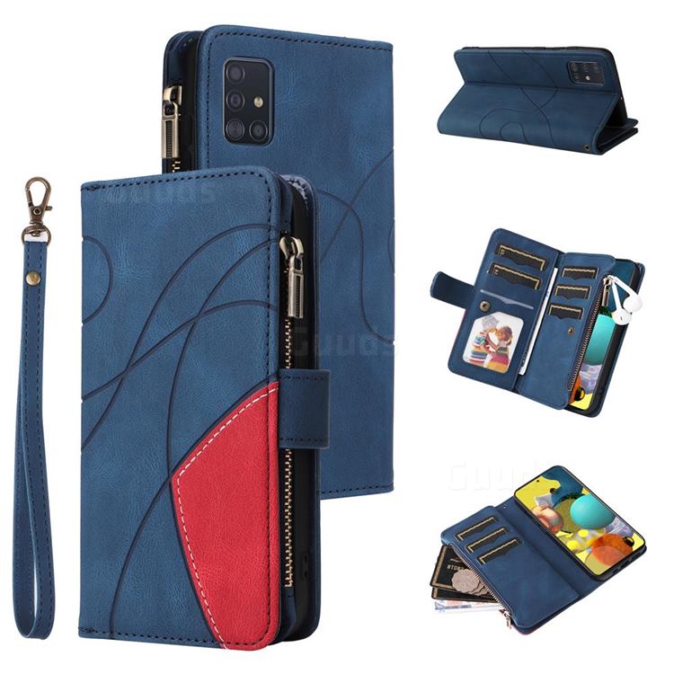 Luxury Two-color Stitching Multi-function Zipper Leather Wallet Case Cover for Samsung Galaxy A51 4G - Blue
