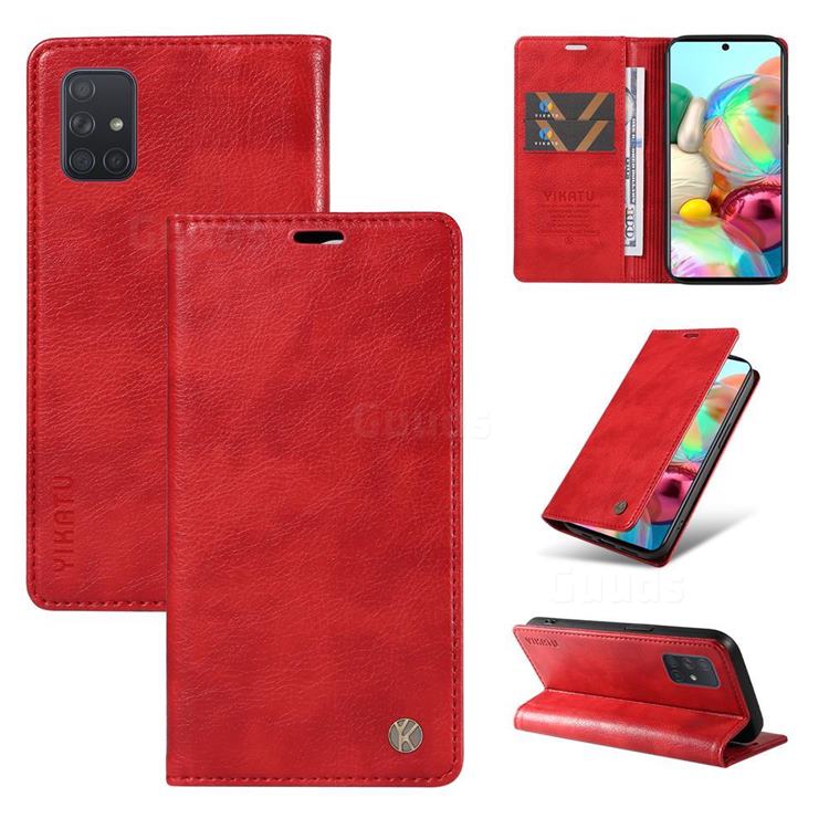 YIKATU Litchi Card Magnetic Automatic Suction Leather Flip Cover for Samsung Galaxy A51 4G - Bright Red