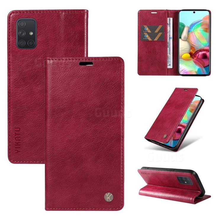 YIKATU Litchi Card Magnetic Automatic Suction Leather Flip Cover for Samsung Galaxy A51 4G - Wine Red