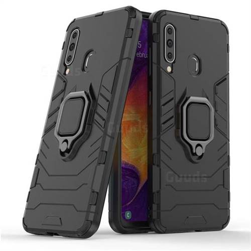 Black Panther Armor Metal Ring Grip Shockproof Dual Layer Rugged Hard Cover for Samsung Galaxy A60 - Black
