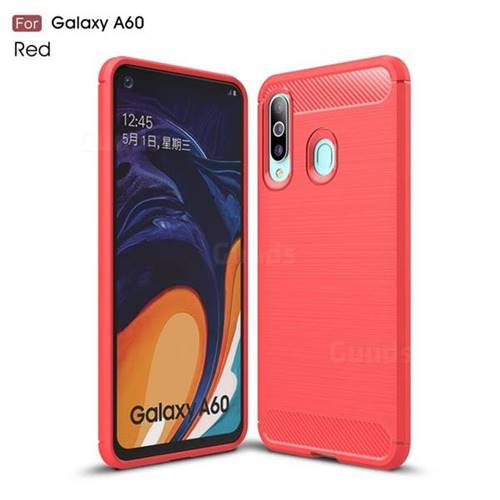 Luxury Carbon Fiber Brushed Wire Drawing Silicone TPU Back Cover for Samsung Galaxy A60 - Red