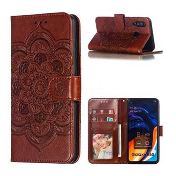 Intricate Embossing Datura Solar Leather Wallet Case for Samsung Galaxy A60 - Brown