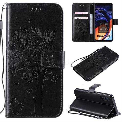 Embossing Butterfly Tree Leather Wallet Case for Samsung Galaxy A60 - Black