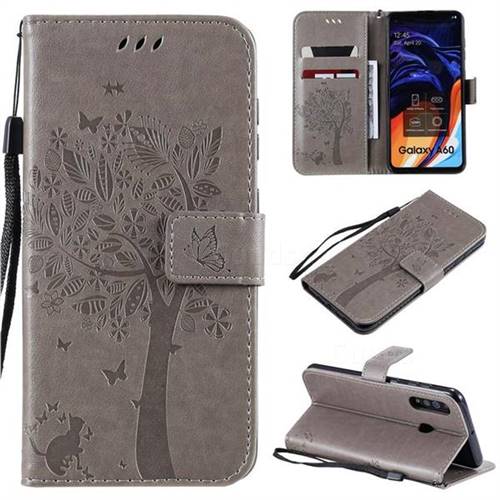Embossing Butterfly Tree Leather Wallet Case for Samsung Galaxy A60 - Grey