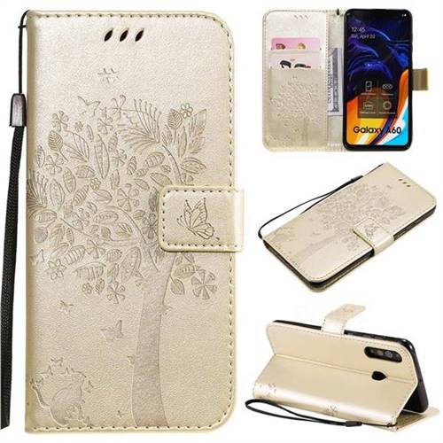 Embossing Butterfly Tree Leather Wallet Case for Samsung Galaxy A60 - Champagne