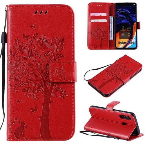 Embossing Butterfly Tree Leather Wallet Case for Samsung Galaxy A60 - Red