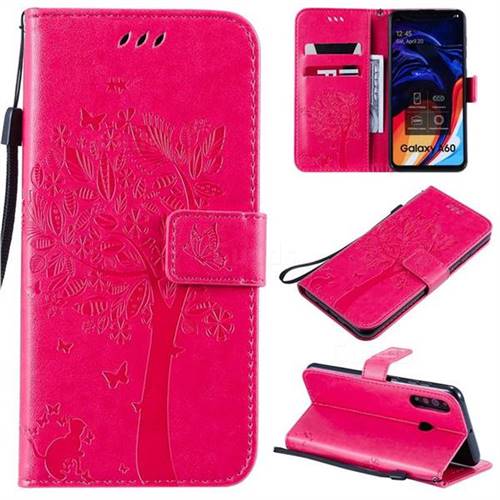 Embossing Butterfly Tree Leather Wallet Case for Samsung Galaxy A60 - Rose