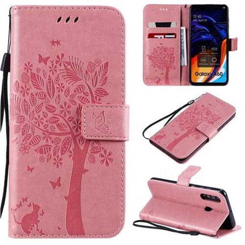 Embossing Butterfly Tree Leather Wallet Case for Samsung Galaxy A60 - Pink