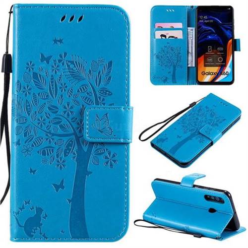 Embossing Butterfly Tree Leather Wallet Case for Samsung Galaxy A60 - Blue