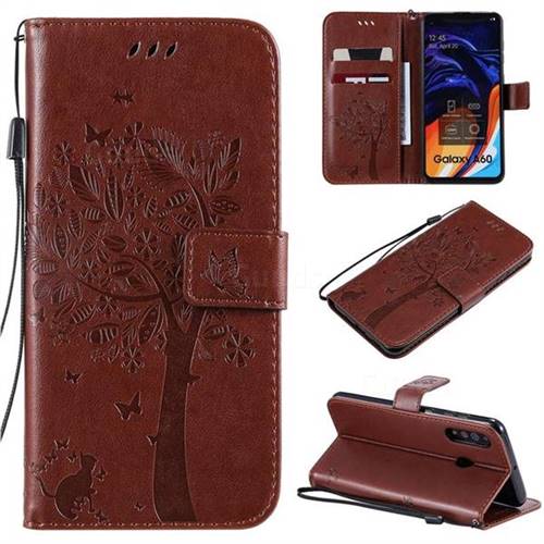 Embossing Butterfly Tree Leather Wallet Case for Samsung Galaxy A60 - Coffee