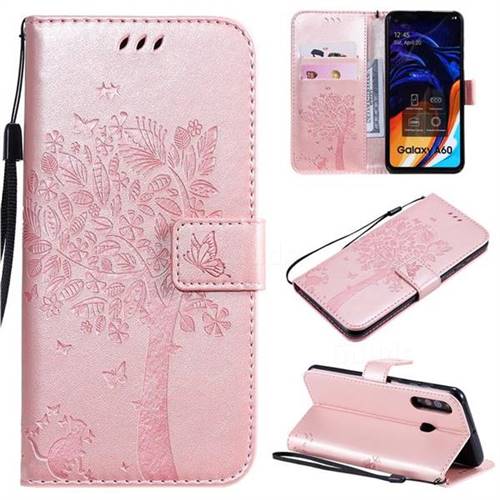 Embossing Butterfly Tree Leather Wallet Case for Samsung Galaxy A60 - Rose Pink