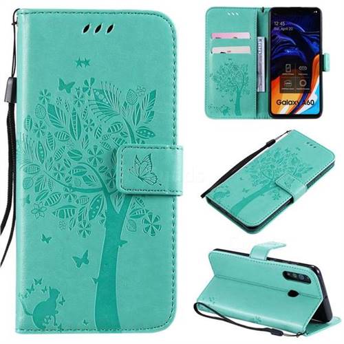 Embossing Butterfly Tree Leather Wallet Case for Samsung Galaxy A60 - Cyan