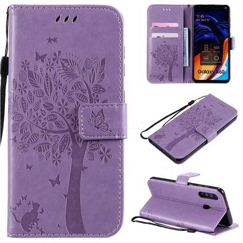 Embossing Butterfly Tree Leather Wallet Case for Samsung Galaxy A60 - Violet